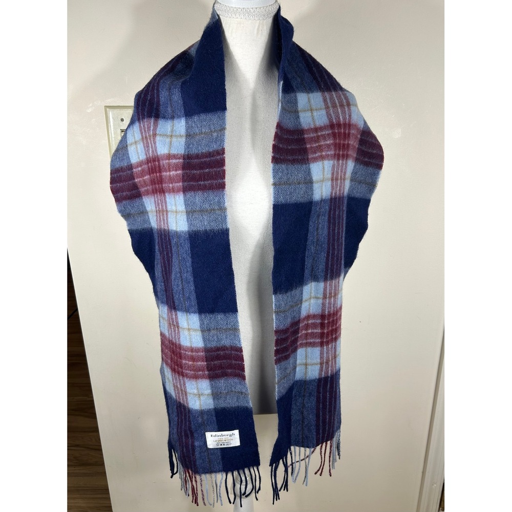 Edinburgh Lambswool Scarf Unisex Blue Holyrood Tartan Plaid Fringe Heritage Luxe